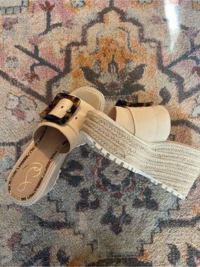 NWOB Sam Endelman Neutral Espadrille Platform Slide with Tortoise Buckle 7